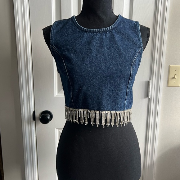 Altar'd State Blue Denim Crop Top with rhinestone Fringe - Picture 3 of 12